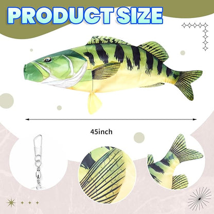 Newwiee 1 Pcs 45" Realistic Fish Windsock, Heavy Duty Fade Resistant Outdoor Hanging Flag with Swivel Clip for Boat, Dock, Lake House, Patio and Yard Decor (Bass)