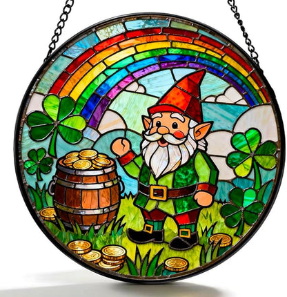 Funoasis St. Patrick's Day Stained Glass Suncatcher - 6.3 Inches Shamrock Rainbow Gold Coin Window Hanging Ornaments for Irish Spring Home Decor
