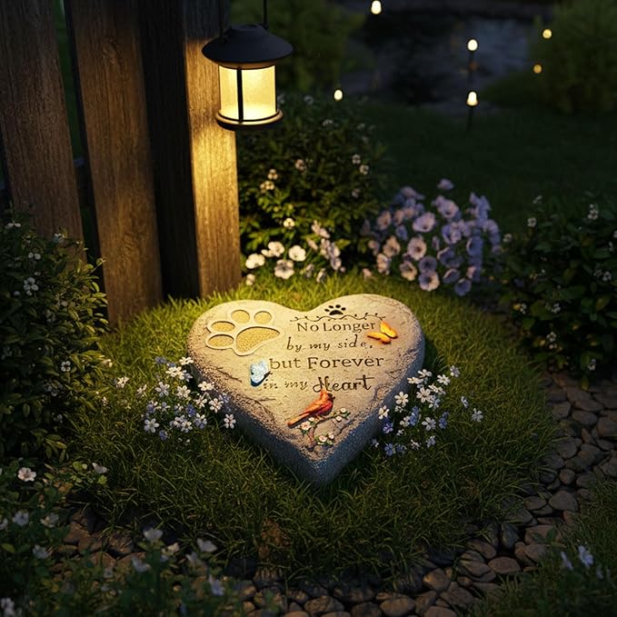 Dog Memorial Stone with Paw Print, Cardinal & Butterfly Pet Loss Sympathy Gift 10 inch, Pet Grave Markers Dog Bereavement Gifts Heart-Shaped Doggy Passing Away Gifts