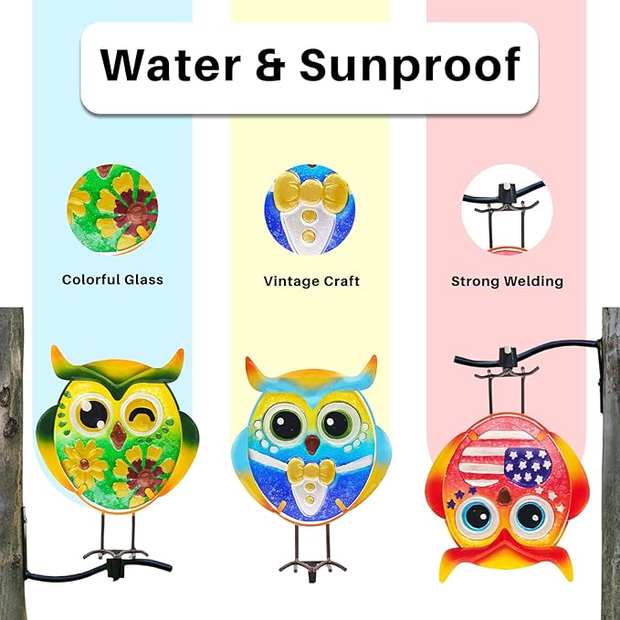 Owl Garden Decor for Outside, 3 Pack Metal & Glass Owl Yard Art, Lawn Ornaments Outdoor Decor for Porch Patio, Housewarming Birthday Gifts for Grandma Mom Women
