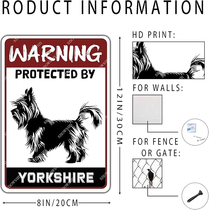 snowsun Warning Metal Signs Protected by Yorkshire Dog Tin Sign for Home Garden Yard Street Wall Decor 8×12 Inches