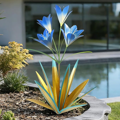 TOMBABY 32.28 Inch Metal Agave Plant Outdoor Decoration Lily Mexican Yard Art Garden Gift Home Decor Hand Painted Metal Agave Garden Yard Statue (2, Blue)