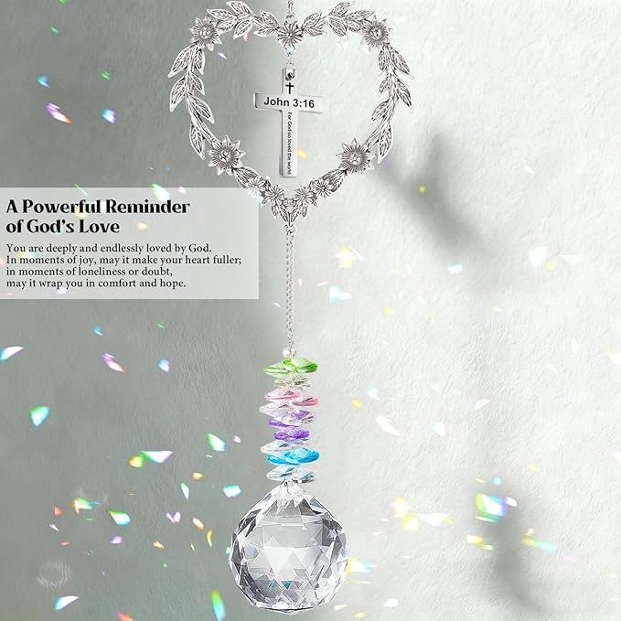 Christian Gifts for Women, Heart Shaped Suncatcher with Cross, John 3:16 Crystal Hanging Ornament, Inspirational Religious Birthday Catholic Spiritual & Baptism Confirmation Gifts for Girls