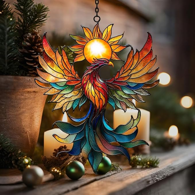 Vivid Phoenix with Sun Mosaic Acrylic Suncatcher Stained Glass Effect Window Car Hanging Christmas Ornament Indoor Outdoor Decor Garden Sun Catcher Panel for Boho Lover for Women Mom Grandma