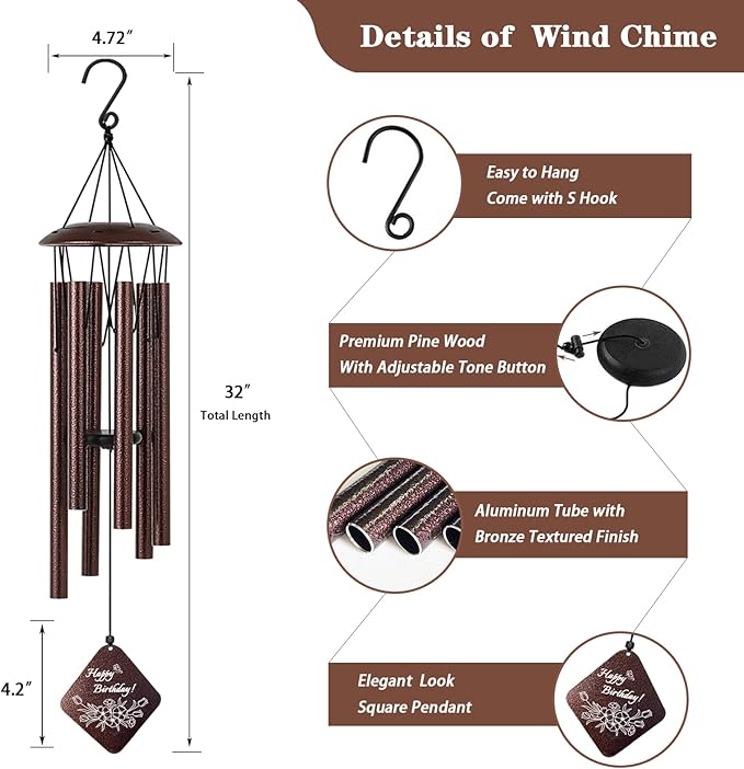 Grandma Birthday Gifts, Unique Birthday Gifts for Grandma Grandmother from Grandkid, 32" Bronze Wind Chimes