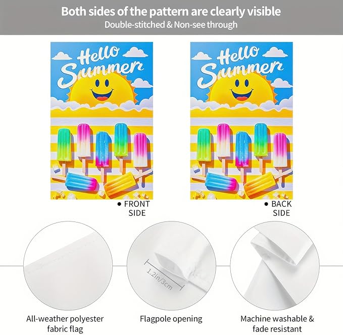 BlissYard Summer Garden Flags 12x18 Double Sided Outdoor Flag Summer Garden Flags For Outside Hello Summers with Smiling Sun and Colorful Popsicles, Ideal for Outdoor Yard and Patio Decor