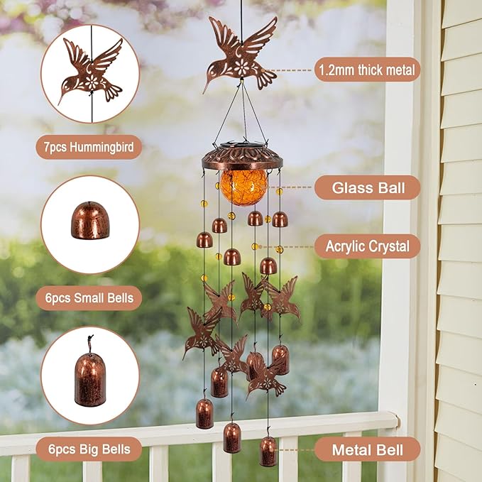 Solar Wind Chimes for Outside, Metal Hummingbird Wind Chimes with Cracked Glass Lights,Hanging Solar Lights for Outside,Yard,Patio,Garden,Porch Decor
