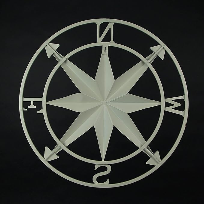 Nautical Compass Rose Wall Hanging Sculpture - Antiqued White Finish Metal Indoor Outdoor Ocean Decor - 20.5 Inch Diameter Elegant Maritime Home Accent Piece