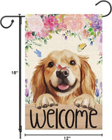 Heyfibro Welcome Spring Summer Flower Garden Flag 12x18 Inch Double Sided Burlap,Cute Golden Retriever Dog Butterfly Yard Flag for Seasonal Holiday Farmhouse Outdoor Decor(ONLY FLAG)