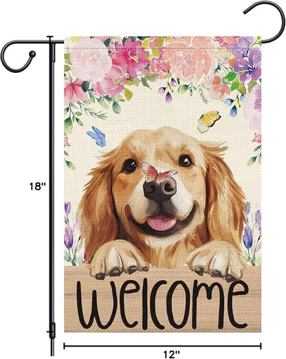Heyfibro Welcome Spring Summer Flower Garden Flag 12x18 Inch Double Sided Burlap,Cute Golden Retriever Dog Butterfly Yard Flag for Seasonal Holiday Farmhouse Outdoor Decor(ONLY FLAG)