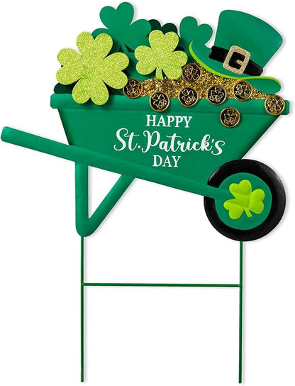 Glitzhome Metal St. Patrick's Yard Signs, Shamrocks Wagon Garden Stakes, 24"H Wall Decor Yard stake for Home Party Yard Lawn Patio Outdoor Decoration