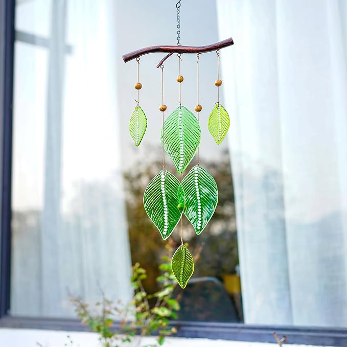 Glass Wind Chimes for Outside,Unique Handmade Windchimes Outdoors with Stained Glass Leaves for Home Window Garden Yard Patio Decor Ornament for Christmas Tree,Green 20"
