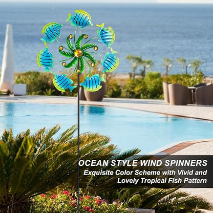 Tropical Fish Wind Spinners - 39" Ocean-Themed Metal Wind Sculptures Garden Stake Art, 13.5” Windmill Yard Kinetic, Outdoor Decor for Patio & Lawn - Metal Beach Sculpture with Fish Design