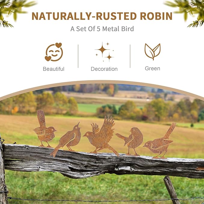 Geila 5PCS Rusty Birds Decoration, Fence Decorations Outdoor, Metal Birds Yard Decor Perfect Yard Art and Large Outdoor Ornaments (5PC)