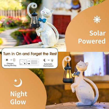 WHIMSYNOOK 10.7" White Cat Solar Garden Light Statue – Outdoor Garden & Yard Decor, LED Lantern, Gift for Cat Lovers