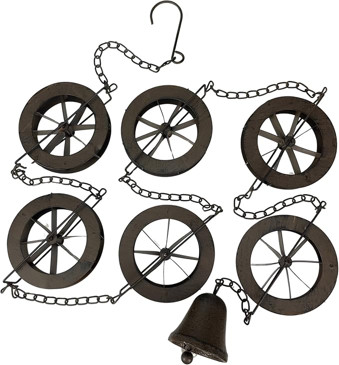 Things2Die4 78-Inch Metal Rain Chain with 6 Water Wheels & Weighted Bell, Rustic Brown Finish, Decorative Downspout Alternative for Rainwater Collection, Outdoor Garden Décor