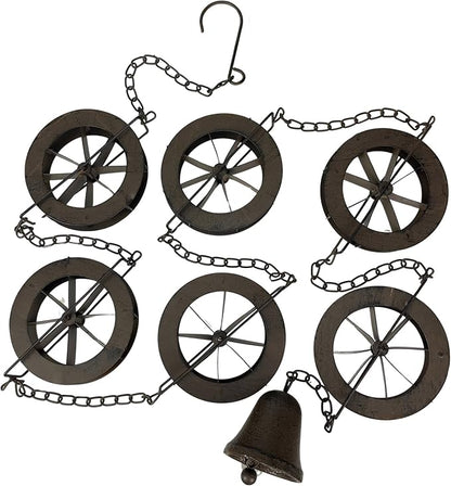 Things2Die4 78-Inch Metal Rain Chain with 6 Water Wheels & Weighted Bell, Rustic Brown Finish, Decorative Downspout Alternative for Rainwater Collection, Outdoor Garden Décor