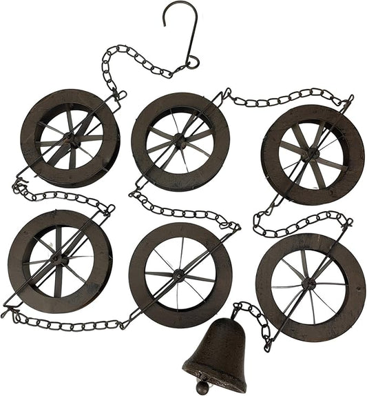 Things2Die4 78-Inch Metal Rain Chain with 6 Water Wheels & Weighted Bell, Rustic Brown Finish, Decorative Downspout Alternative for Rainwater Collection, Outdoor Garden Décor