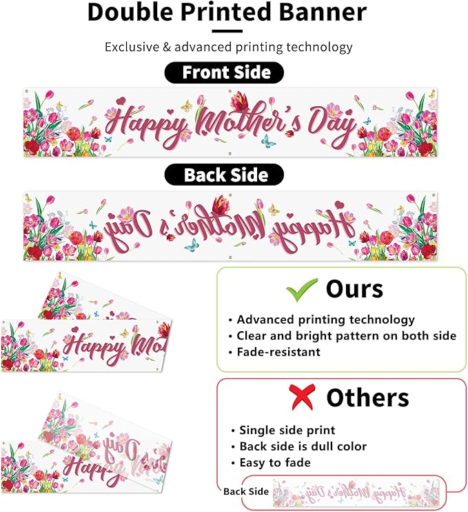 Probsin Large Happy Mother's Day Banner Decorations 120x20 Inch Mothers Day Yard Sign Holiday Hanging Outdoor Decor Tulips Party Supplies for Indoor Outdoor Garden Fence Balcony Welcome Home Decor