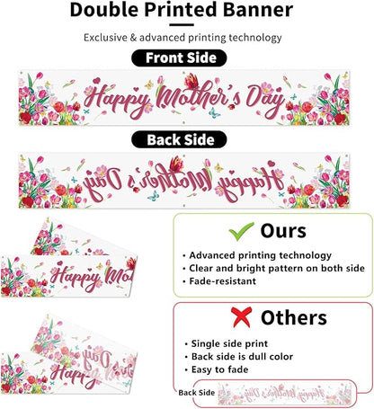 Probsin Large Happy Mother's Day Banner Decorations 120x20 Inch Mothers Day Yard Sign Holiday Hanging Outdoor Decor Tulips Party Supplies for Indoor Outdoor Garden Fence Balcony Welcome Home Decor
