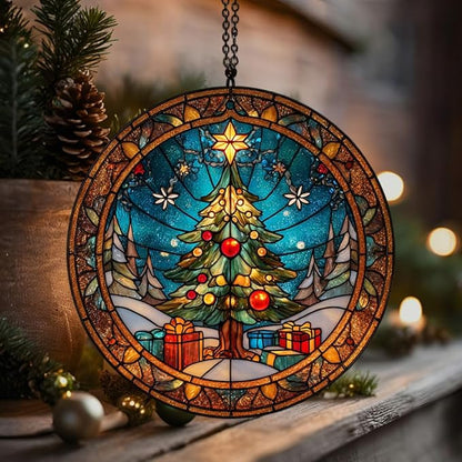 Christmas Tree Presents Acrylic Suncatcher Stained Glass Effect Window Car Hanging Christmas Ornament Indoor Outdoor Decor Garden Sun Catcher Panel for Women Mom Grandma