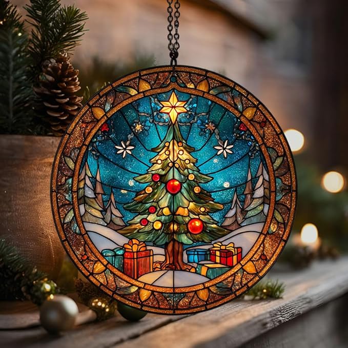 Christmas Tree Presents Acrylic Suncatcher Stained Glass Effect Window Car Hanging Christmas Ornament Indoor Outdoor Decor Garden Sun Catcher Panel for Women Mom Grandma