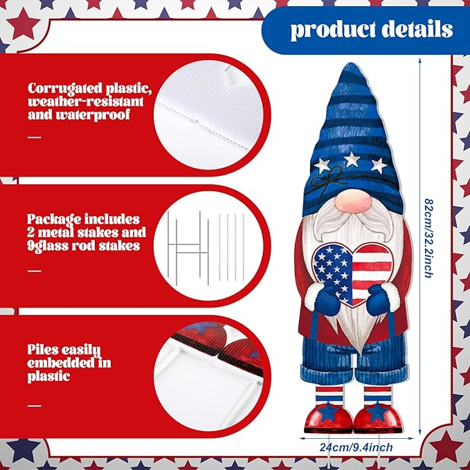 Umigy 3 Pcs 4th of July Yard Decor 32 x 10 Inch Outdoor Independence Day Gnome Yard Sign with Stakes Patriotic Red Blue White Lawn Garden Decoration United States 250th Anniversary Decor