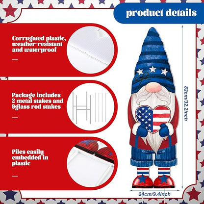 Umigy 3 Pcs 4th of July Yard Decor 32 x 10 Inch Outdoor Independence Day Gnome Yard Sign with Stakes Patriotic Red Blue White Lawn Garden Decoration United States 250th Anniversary Decor