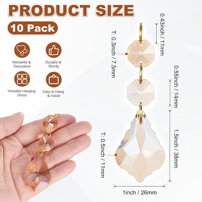 M METERXITY 10PCS Crystal Suncatcher 2 Leaves Prisms Pendants Ornament, 38mm Chandelier Hanging Crystal Sun Catcher Beads for Home Garden Windows Wedding DIY Decoration [EP Gold]