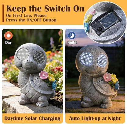 Outdoor Solar Garden Statue, Dynamic LED Light with Flower Sculpture, Art Decor for Patio Porch Lawn Backyard, Housewarming Gifts for Women (Stone Turtle)