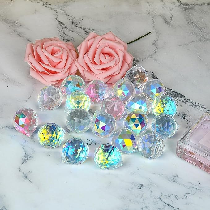 20pcs DIY Crystal Prism Suncatcher for Windows Hanging, 20mm Clear Glass Crystal Sun Catcher Beads Pendants Maker Balls for Indoor Outdoor Garden Feng Shui Home Decor Green