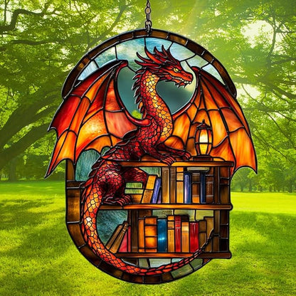 Books and Dragon Acrylic Suncatcher Stained Glass Effect Window Car Hanging Christmas Ornament Indoor Outdoor Decor Garden Sun Catcher Panel for Book Lover for Women Mom Grandma