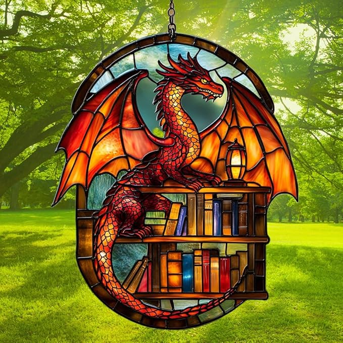 Books and Dragon Acrylic Suncatcher Stained Glass Effect Window Car Hanging Christmas Ornament Indoor Outdoor Decor Garden Sun Catcher Panel for Book Lover for Women Mom Grandma