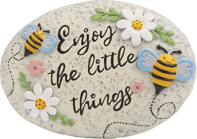 Spring Decorative Garden Stones Outdoor, 6x4.1In Enjoy The Little Things Bee Stone with White Flower, Concrete Stepping Stones for Walkway Pathway Yard Outside