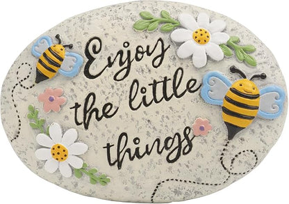Spring Decorative Garden Stones Outdoor, 6x4.1In Enjoy The Little Things Bee Stone with White Flower, Concrete Stepping Stones for Walkway Pathway Yard Outside