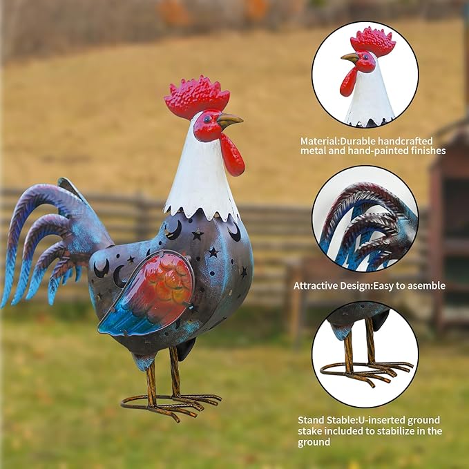 LIFFY Metal Rooster Yard Decor,18" Rooster Outdoor Decor with Solar Lights,Chicken Home Decorative Ornaments,Garden Statues for Outside Patio Backyard Landscape Lawn