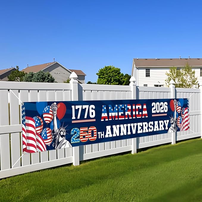 250th Anniversary USA Banner 120 x 20 Inches America 1776-2026 250 Years Birthday Banner American Flag Statue of Liberty Designs Patriotic Party Home Decorations for Outdoor Indoor Yard Garden Lawn