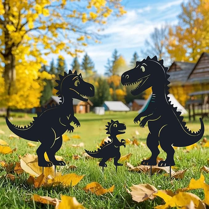 Metal Decorative Garden Stakes, Dinosaur Garden Decor for Outside Gifts for Women Men,Black Dinosaur Silhouette Statues Decorations for Yard Art, Patio, Backyard, Outdoor, Lawn, Forests