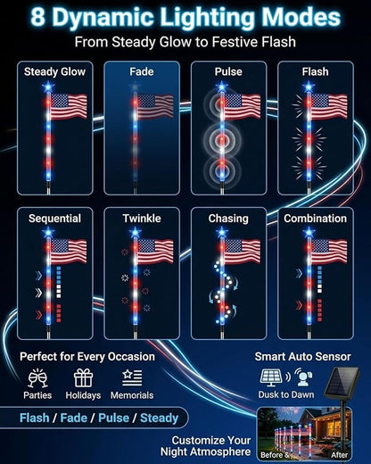 8 Piece Solar American Flag Pathway Lights, 8 Modes Waterproof Patriotic Stake Lights Outdoor for 250th Anniversary, Red White Blue LED Decorative Lighting for 4th of July Garden Yard Decor(16PCS)