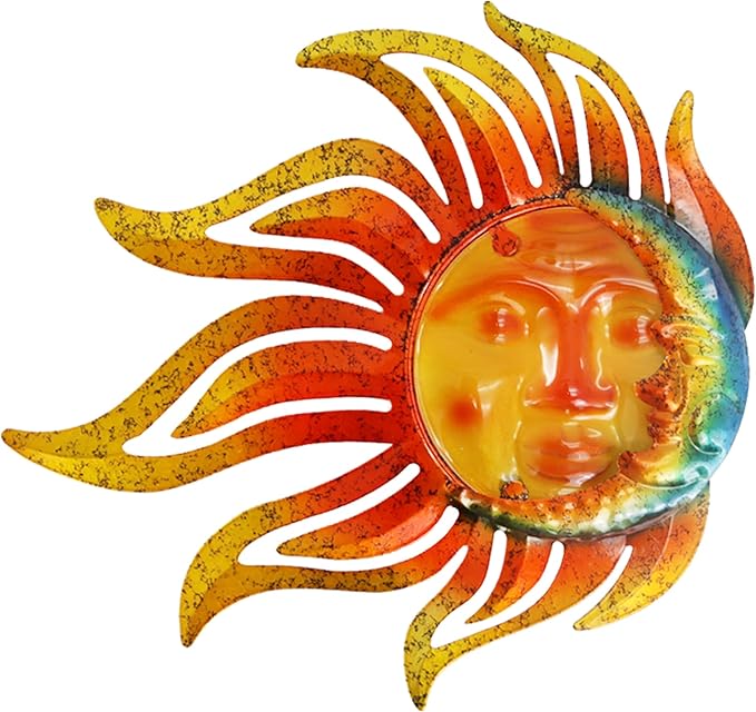 Metal Sun Moon Wall Art Decor, 12 Inch Retro Hanging Decor With Glass, Flame Sun Valentine Wall Decorations For Patio Yard Garden Fence Living Room Bedroom