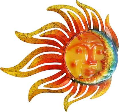 Metal Sun Moon Wall Art Decor, 12 Inch Retro Hanging Decor With Glass, Flame Sun Valentine Wall Decorations For Patio Yard Garden Fence Living Room Bedroom