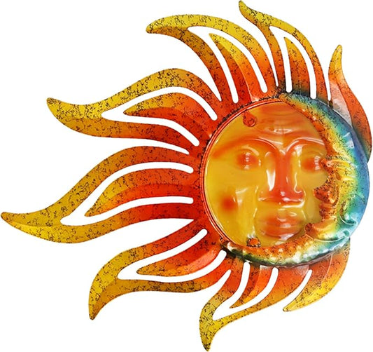 Metal Sun Moon Wall Art Decor, 12 Inch Retro Hanging Decor With Glass, Flame Sun Valentine Wall Decorations For Patio Yard Garden Fence Living Room Bedroom