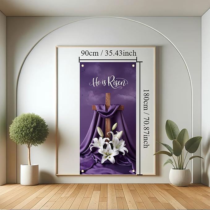 He Is Risen Easter Door Cover Decorations 35x71 Inch - Premium Religious Cross Church Banners with White Lilies, Purple Resurrection Sunday Decorative Porch Sign for Holy Week Home Outdoor Lent Decor