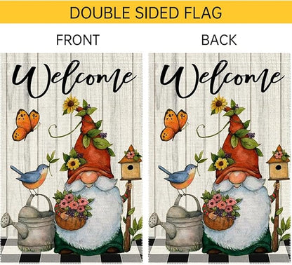 Welcome Spring Summer Garden Flag 12x18 Inch Double Sided Small Burlap Gnome Cardinal Flowers Butterfly Sunflower Buffalo Plaid Garden Flags Home Yard Lawn Holiday Outdoor Decorations