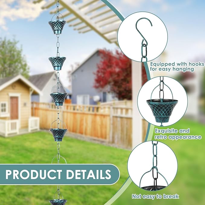 Gutter Chain, Rain Chain for Gutter, Downspout Decorative Metal Rain Catcher Diverter with Hook for Outside Windowsill Garden Patio Courtyard (Blue)