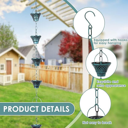 Gutter Chain, Rain Chain for Gutter, Downspout Decorative Metal Rain Catcher Diverter with Hook for Outside Windowsill Garden Patio Courtyard (Blue)