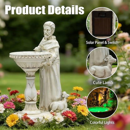 St Francis Garden Statue Outdoor Solar Garden Decor Resin 10.5 Inch Tall Colorful Lights St Francis Statue with Bird Bath Feeder for Yard Patio Lawn Decoration Religious Gardening Gifts