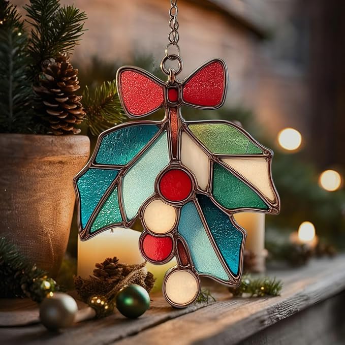 Mistle Toe Mosaic Style Acrylic Suncatcher Stained Glass Effect Window Car Hanging Christmas Ornament Indoor Outdoor Decor Garden Sun Catcher Panel for Women Mom Grandma