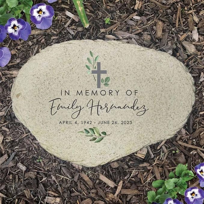 GiftsForYouNow Personalized Memorial Garden Stone, Watercolor in Memory of Flat Garden Stone with Cross, Sympathy Gift, Loss of Loved One