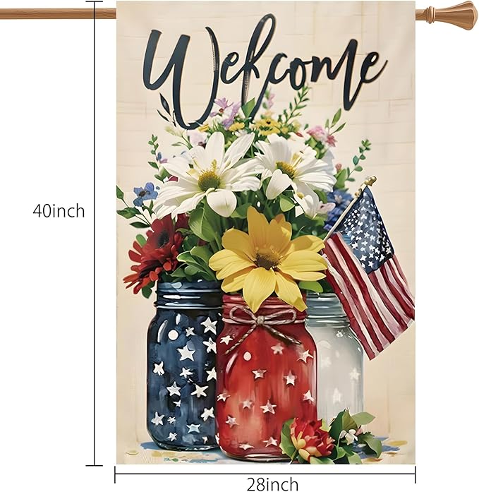 4th of July Mason Jar Flowers Summer Garden Flag 28x40, Patriotic Celebration Double-Sided Decorative Burlap Yard Flag for Memorial Day Independence Day Outside Decoration Holiday Festivities